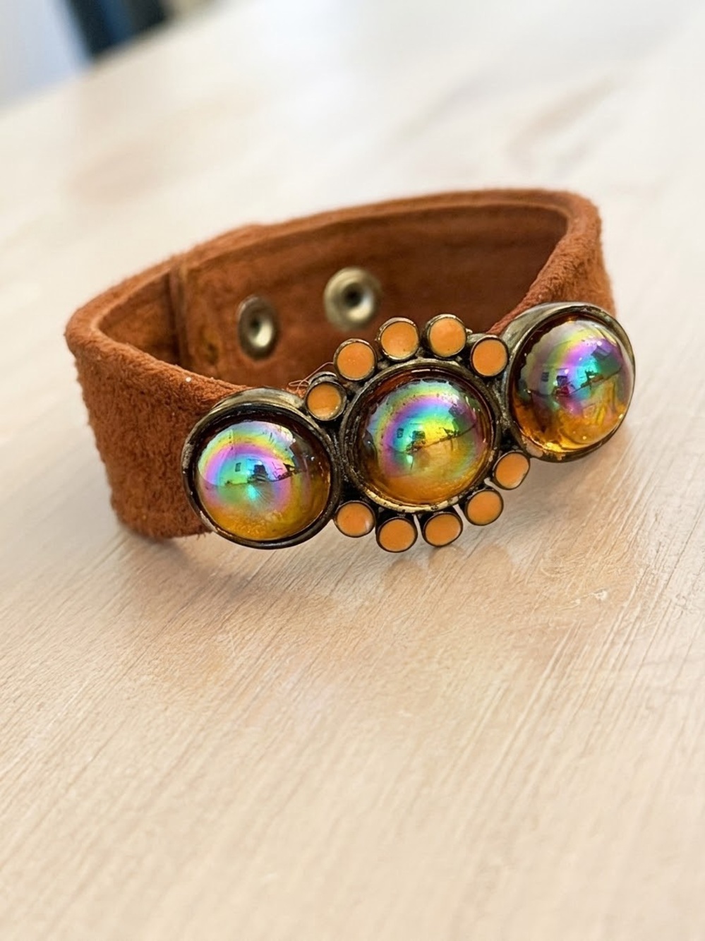 FRED & LOLA Brown Suede Cuff Bracelet with Iridescent Amber Cabochons